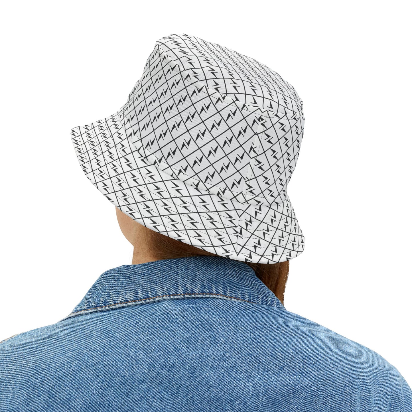 Lightning Bolt Bucket Hat, Thunder Pattern Cap, USA-Made White & Black Headwear, Polyester Hat, Hekili Design