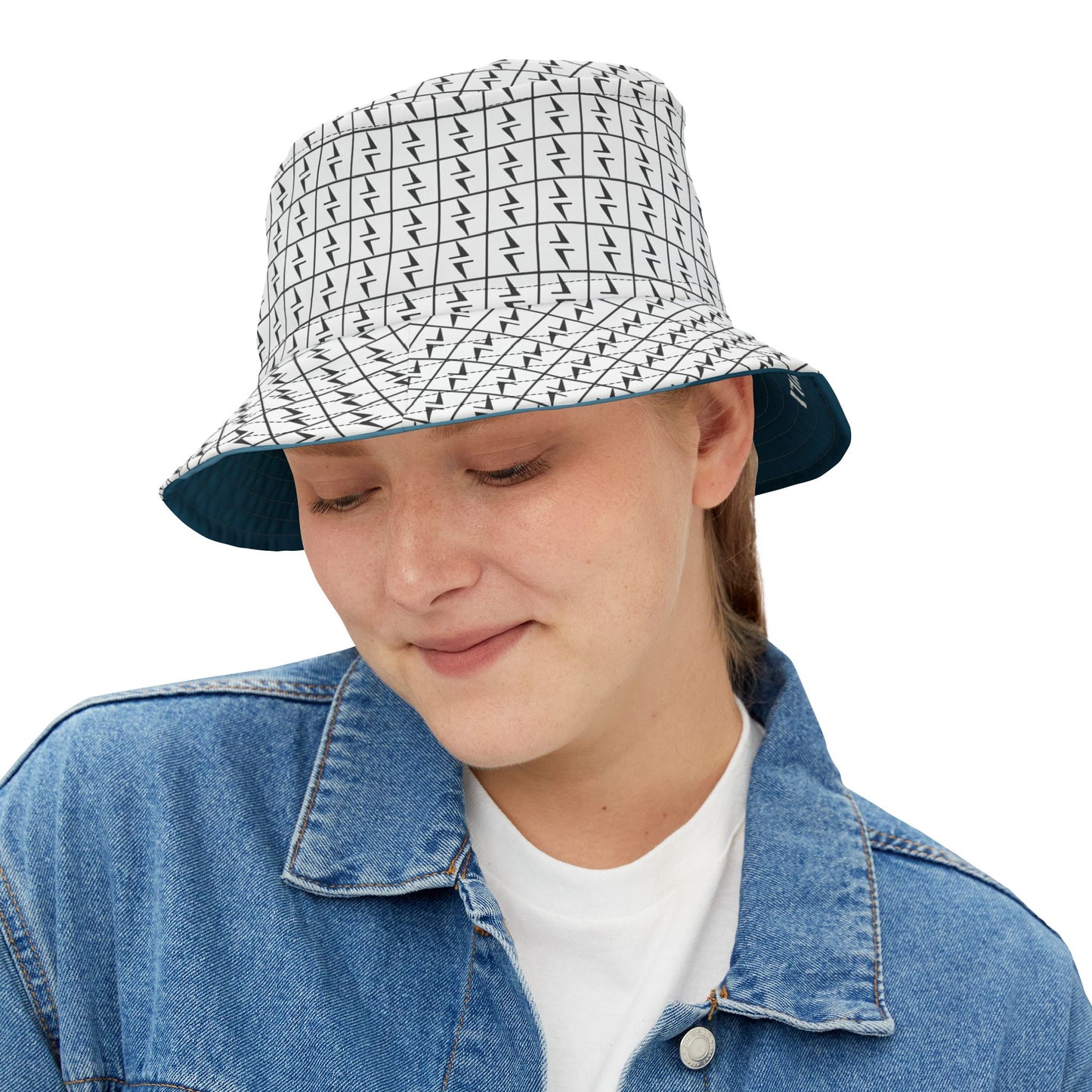 Lightning Bolt Bucket Hat, Thunder Pattern Cap, USA-Made White & Black Headwear, Polyester Hat, Hekili Design