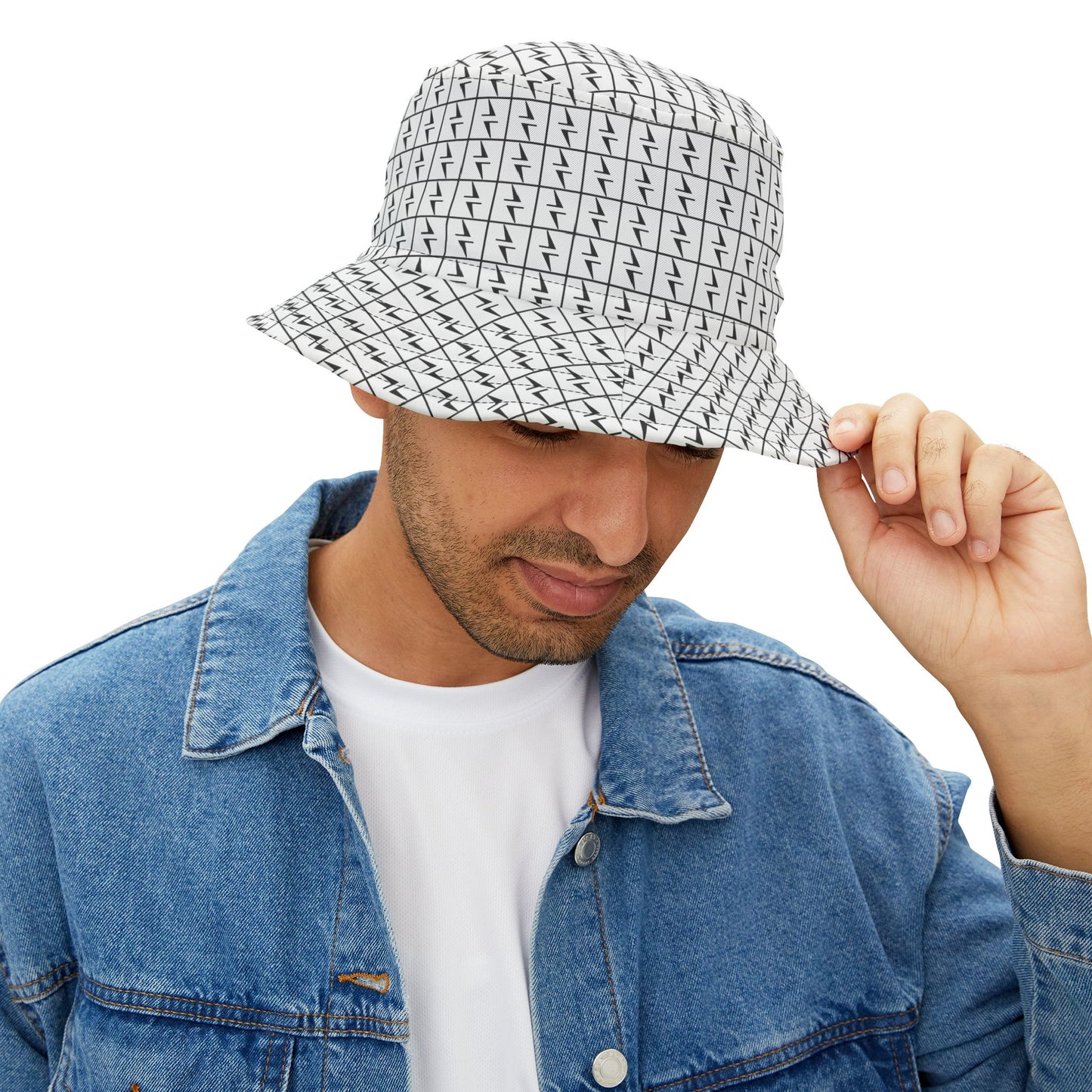Lightning Bolt Bucket Hat, Thunder Pattern Cap, USA-Made White & Black Headwear, Polyester Hat, Hekili Design
